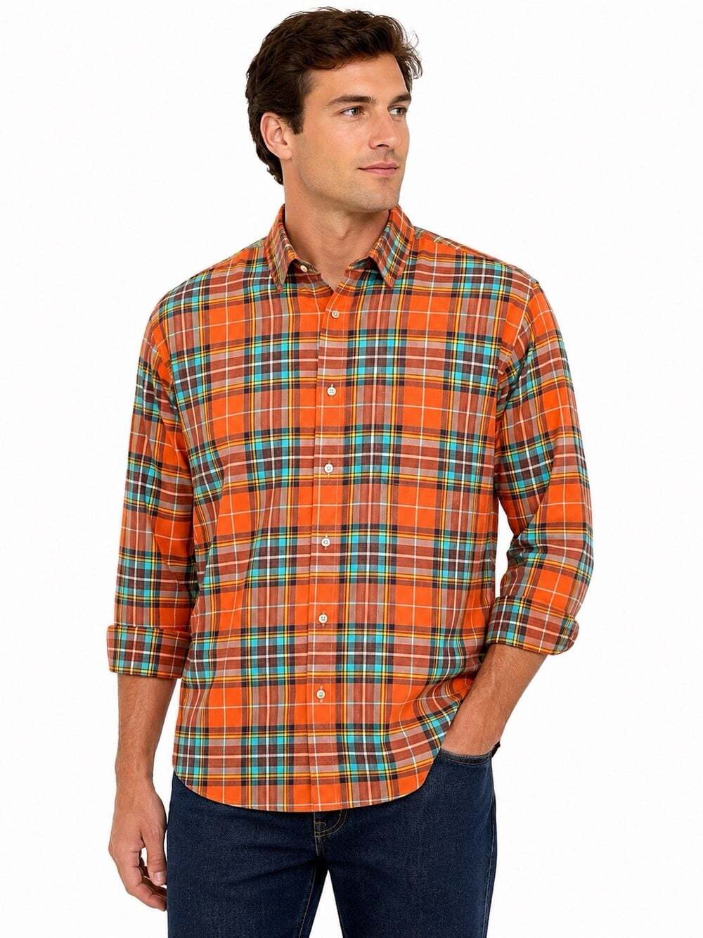 Neiman Marcus Men’s XL Orange Plaid Button Down Shirt Turquoise Brown 2 Ply